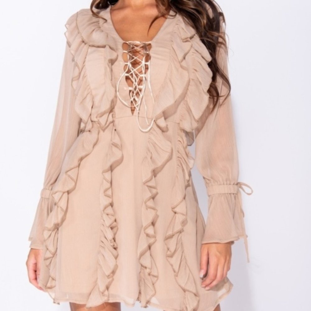 5🌟Lucca Nude Ruffle Tie Front Long Sleeve Dress - Picture 8 of 10